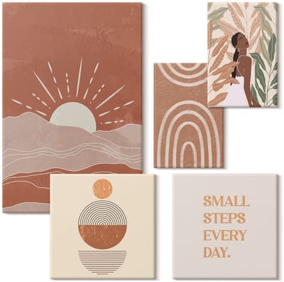 Wallfluent Set van canvas schilderijen - Boho-stijl geïnspireerd door de natuur en positieve slogans Canvas Schilderijen Set - Set van 5 Canvas Schilderijen - Bruin Set van Canvas Prints - Abstractie Canvas Kunst Set - Boheemse Canvas Kunst Set