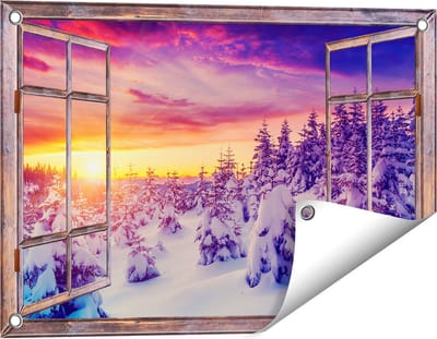 Gards Tuinposter Doorkijk Zonsondergang in het Sneeuw Bos - 60x40 cm - Tuindoek - Tuindecoratie - Wanddecoratie buiten - Tuinschilderij