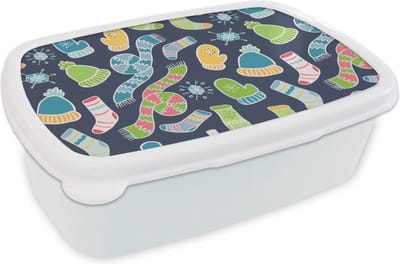 Broodtrommel Wit - Lunchbox - Brooddoos - Sjaal - Handschoenen - Muts - Regenboog - Winter - Patronen - 18x12x6 cm - Volwassenen