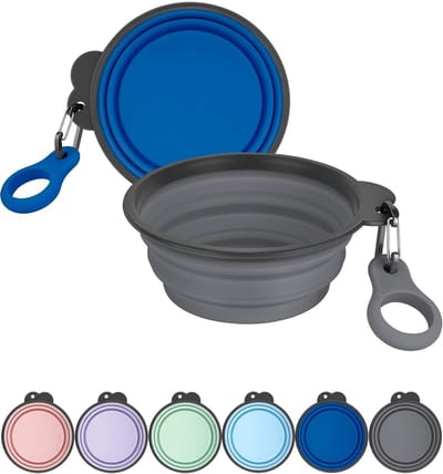 Vouwbare Hondenvoer- en Waterbakken met Flesdrager, Set van 2 Reisbakken voor Honden, Verbeterde Karabijnhaak en Gevormde Rand (Grijs/Marineblauw, Groot)
