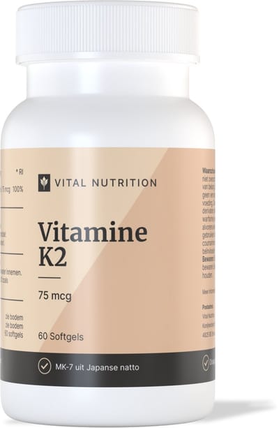 Vital Nutrition Vitamine K2 - 75 mcg - Best opneembare vorm: MK-7 - Vitamine K2 Softgels in Olijfolie - 60 softgels