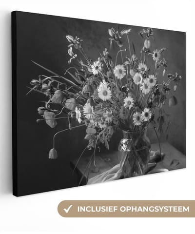 Canvas schilderij 40x30 cm - Wanddecoratie Boeket - Bloemen - Olieverf - Stilleven - Zwart - Wit - Muurdecoratie woonkamer - Slaapkamer decoratie - Kamer accessoires - Schilderijen op canvas