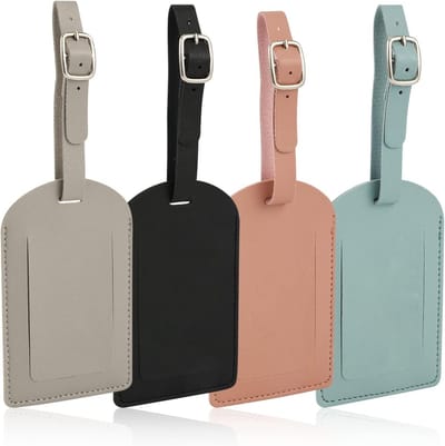 Set van 4 Leren Bagagelabels met Verstelbare Band, Identificatie Labels voor Koffers met Privacy Bescherming, Perfect voor Reizen, Bruiloften en Valentijnsgeschenken (4 Kleuren)