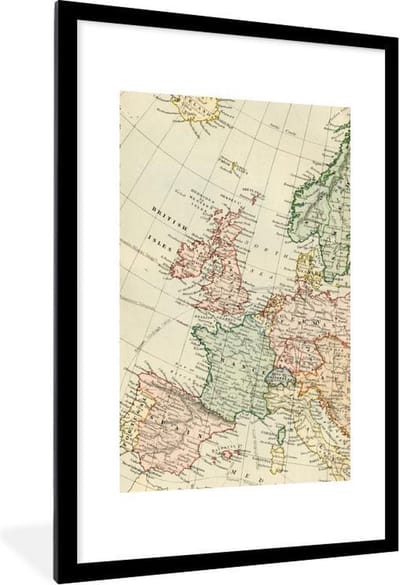 Poster in lijst - Fotolijst 60x90 cm - Posters - Wereldkaart - Vintage - Europa - Posterlijst zwart - Decoratie - Wanddecoratie woonkamer - Muurdecoratie slaapkamer