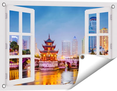 Gards Tuinposter Doorkijk Rivier bij Stad Guiyang in China - 60x40 cm - Tuindoek - Tuindecoratie - Wanddecoratie buiten - Tuinschilderij