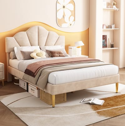 MEUNIQ gestoffeerd tweepersoons bed 145x195 cm voor matras 140x190 cm, schelpvormig verstelbaar hoofdbord, lattenbodem, gouden metalen poten, beige