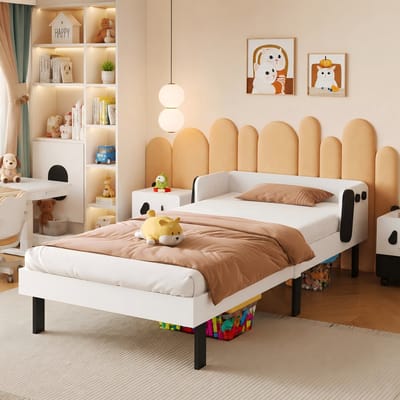 Kinderbed 90x200 cm, Houten eenpersoonsbed – Eenpersoonsbed met hondvormig hoofdbord, combinatiebed, lattenbodem, Scandinavische stijl – Wit