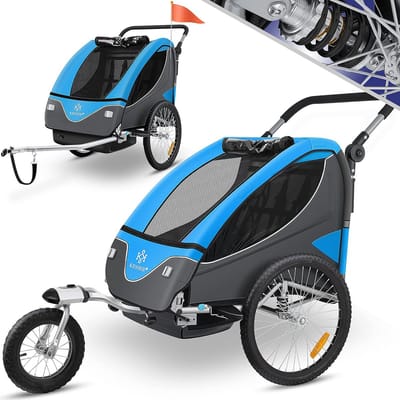 Kinderfietskar - Dubbelzitje Aanhanger - Veilig Vervoer - 2-in-1 Functie - Max 40 kg - Blauw