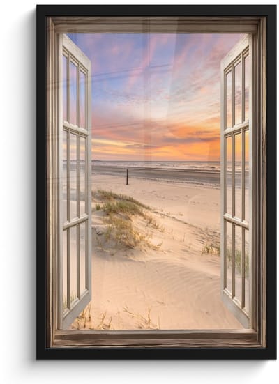 Poster in lijst - Fotolijst 40x60 cm - Posters - Doorkijk - Strand - Duinen - Natuur - Landschap - Posterlijst zwart - Decoratie - Wanddecoratie woonkamer - Muurdecoratie slaapkamer