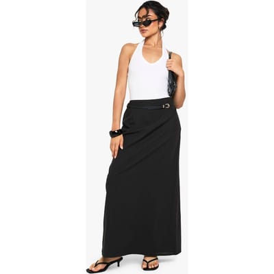 boohoo Dames Linnen Gespleten Maxi Rok met Achterklep | Black | Maat: 6