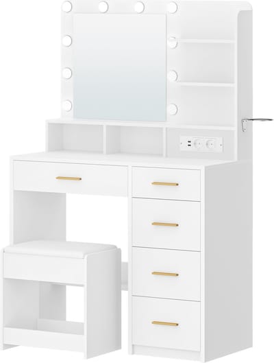 Jently kaptafel - toilettafel - beautytafel - verzorgingstafel - met spiegel en verlichting - met kruk - met haardrooghouder - wit