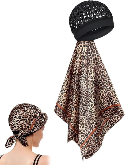 SnelShoppen - Hair Wrap Scarf 2-in-1 Zijde Kap om te Slapen, Satijnen Haarhoed met Net voor Reizen & Na de Silk Press - Hoofddoek voor Dames, Luipaard