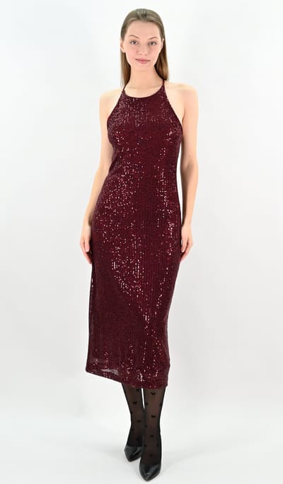 YesMooi - Cocktailjurk met Pailletten - Burgundy - Sequinned Midi Dress - L (40)