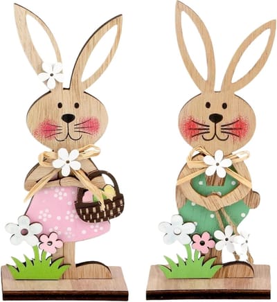 Set van 2 houten paashoesterfiguren, konijnen met bloemen voor paasdecoratie in huis, tuin en kantoor