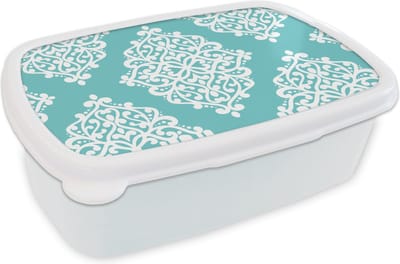Broodtrommel Wit - Lunchbox - Brooddoos - Bloemen - Wit - Blauw - Vintage - Patronen - 18x12x6 cm - Volwassenen