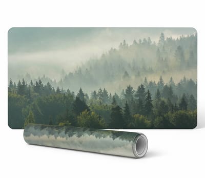 Beschermende decoratieve mat voor op kantoor: Mistig bos bij zonsopgang, 90x45 cm