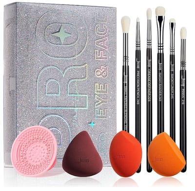 JESSUP - Make-up kwasten set 6x kwasten met Sponsjes 3x en Reinigingsmat 1x BOX met spiegel Set 11-delige Make-up set