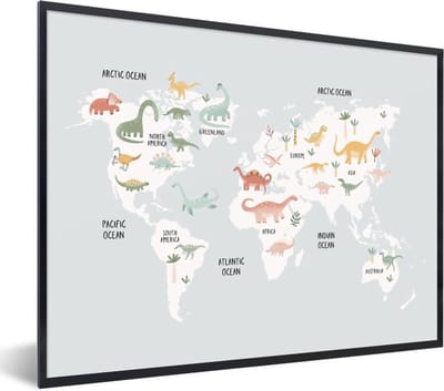 Poster in lijst - Fotolijst 80x60 cm - Posters - Kinderkamer - Wereldkaart - Dinosaurussen - Posterlijst zwart - Decoratie - Wanddecoratie woonkamer - Muurdecoratie slaapkamer