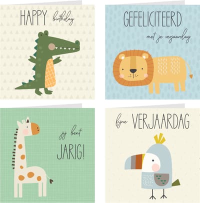 4x verjaardagskaarten | DIEREN | wenskaarten / set kaarten met enveloppen | jarig / verjaardag | voor kinderen