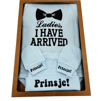 Kraamcadeau brievenbus - kan ook rechtstreeks als cadeau - romper - baby muts handschoenjes