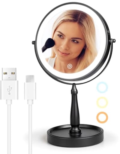 9 Inch Make-up Spiegel met Verlichting - Oplaadbare 1x/10x Vergrotende Spiegel met 3 Kleuren, 360° Rotatie, Dubbelzijdige Make-up Spiegel, Touch Dimming, LED Verlicht