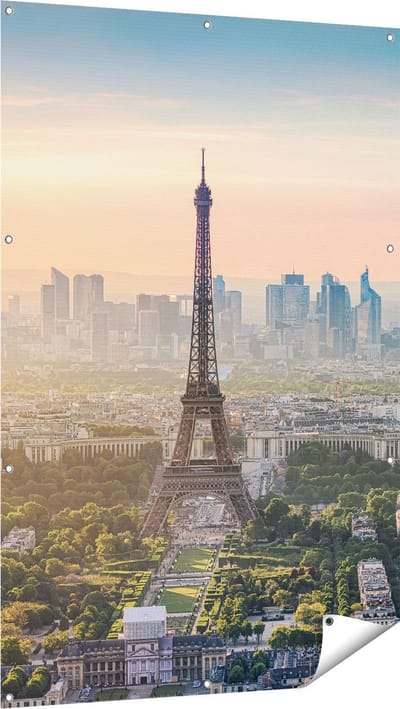 Gards Tuinposter Skyline van Parijs met de Eiffeltoren - 100x150 cm - Tuindoek - Tuindecoratie - Wanddecoratie buiten - Tuinschilderij