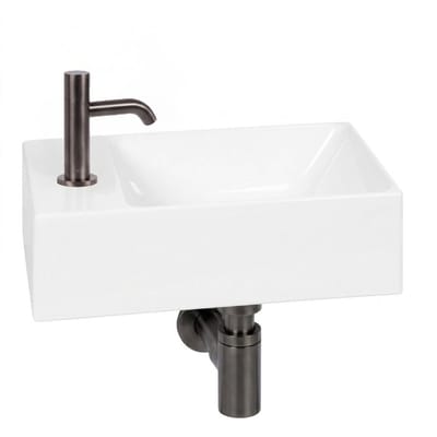 Ben Stelvio fonteinset glans wit keramiek Xtra glaze+ incl. gunmetal kraan links
