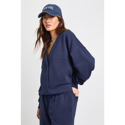 boohoo Dames Doorknoop Cardigan Sweatshirt En Rechte Pijp Joggingbroek Trainingspak | Navy | Maat: XS