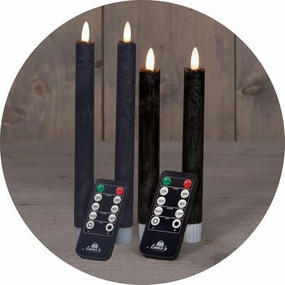 Voordeelset LED-kaarsen met timer klein + groot ZWART 4 stuks binnen - 6 uur - ECHTE WAS 18 cm + 23 cm hoogte voor kaarsen 2,2 cm diameter 2 AAA-batterijen vereist LED-kaarsen flikkerende vlam