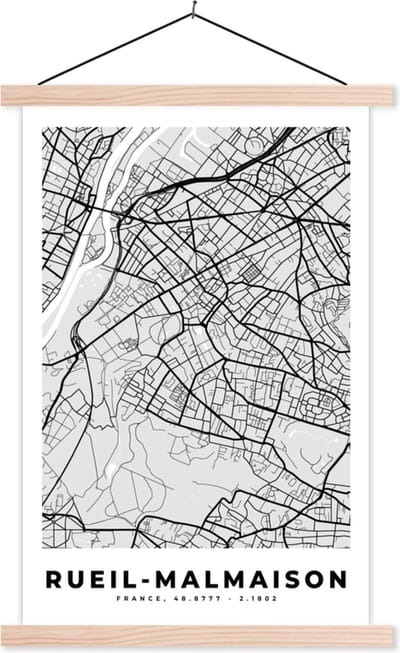 Posterhanger incl. Poster 40x60 cm - Schoolplaat - Frankrijk - Plattegrond - Kaart - Rueil-Malmaison - Stadskaart - Textielposter - Blanke latten - Stadskaart