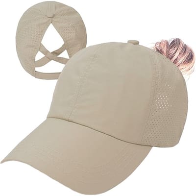 1 Stuk Dames Criss Cross Paardenstaart Baseballpet Verstelbaar Hoge Rommelige Knot Ponycap Sneldrogende Pet, Unisex Sneldrogende Truckerpetten One Size beige