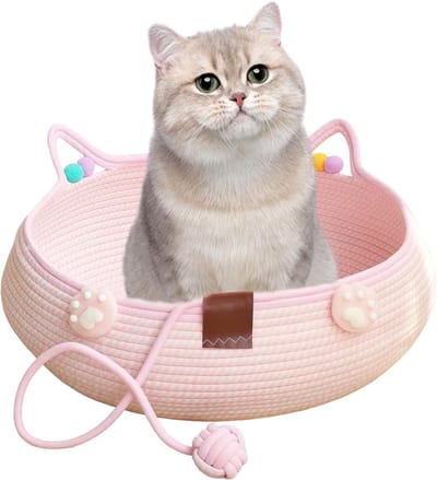 Oneay Geweven Kattenmand 35 cm – Zachte Kattenmand van Katoenen Touw met Oren – Kattenbed voor Binnenkatten en Kleine Honden – Roze