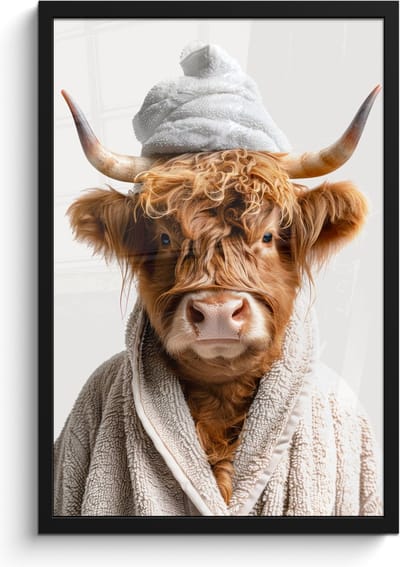Poster in lijst - Fotolijst 40x60 cm - Posters - Schotse hooglander - Badjas - Koe - Dieren - Posterlijst zwart - Wanddecoratie badkamer - Muurdecoratie WC - Decoratieve accessoires - Toilet muur decoratie