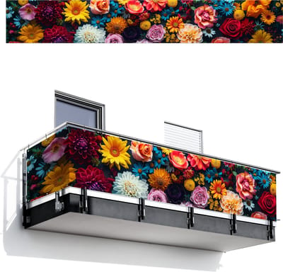 Balkonscherm 500x75 cm - Balkonposter Bloemen - Planten - Kleurrijk - Balkon scherm decoratie - Balkonschermen - Balkondoek zonnescherm