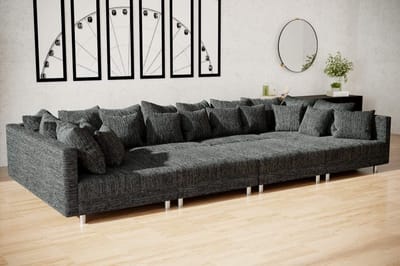 hoekbank denver xxl- zwart stof- met 2 poefs (hocker)- hoeksalon denver wooneiland- zetelsenbedden