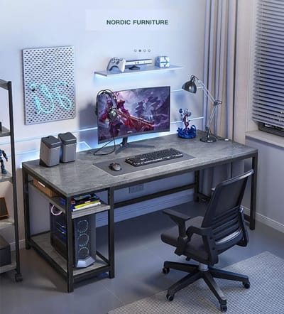 Gaming Bureau 140 x 60 cm – Ergonomisch Computerbureau met Carbon Fiber Look, Kabelmanagement & H-Vormig Stalen Frame – Groot PC Bureau voor Gaming en Thuiswerk