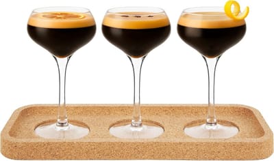 Espresso Martini Proeverij Set - 3 Kristallen Coupe Glazen met Kurken Serveerplank