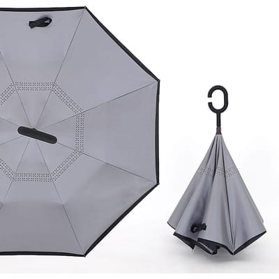 Parapluie Inversé Double Fibre Imperméable Léger Parapluie Inversé avec Poignée en Forme de C Gris grise