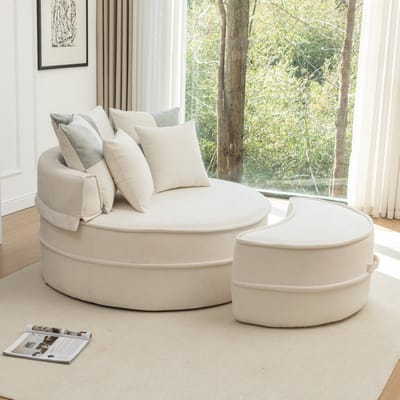 MIVRAY Fauteuil 121 Cm - Ronde Chaise Longue Met Hocker En 5 Kussens - Voor Woonkamer En Slaapkamer - Chenille Beige