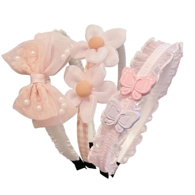 Set van 3 roze haarbanden met strik, bloemen en vlinders – meisjes diadeem set – schattige haaraccessoires met parels en tule details