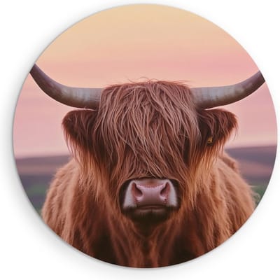 Saammp - Muurcirkel Hout - Schotse Hooglander Koe - Zonsondergang - Dieren - Natuur - Ø 90 - Wandcirkel - Wanddecoratie Cirkel - muurdecoratie Woonkamer - Slaapkamer decoratie - Rond Schilderij