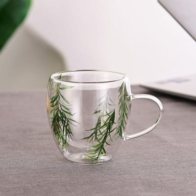 Creatieve dubbelwandige koffiemok Echte gedroogde bloemenvulling Glazen bekers Thee-koffiekopje met handvatten Hittebestendige mok Cadeau
