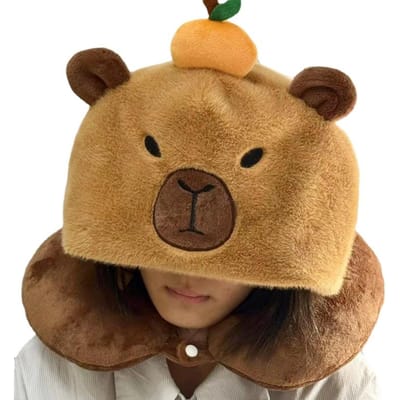 Oreillers de Cou en Peluche Capybara Kawaii en Forme de U avec Chapeau Animaux Mignons Dessin Animé Rempli Adorable pour Cadeau de Fête d'Anniversaire One size brown