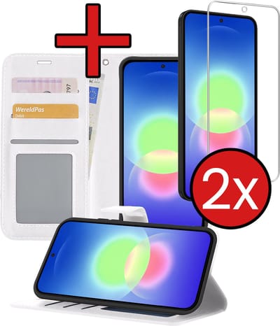 Hoesje - Met 2x Screenprotector - Geschikt voor Samsung Galaxy A27 - Luxe Pasjeshouder - Flip Case - Bookcase Portemonee - Kunstleer Book Case - Flipcase Hoes - Book Cover - Walletcase - Portemonneehoes - Telefoonhoes - Wit