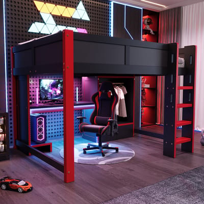 HAUSS SPOLE Hoogslaper 140x200 cm - Met Bureau, Kast En Opbergruimte - Zonder Matras - Gaming Slaap En Werkruimte - Hout - Zwart Rood