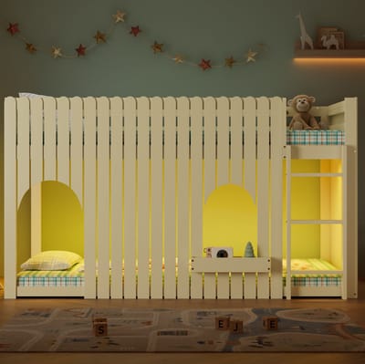FloraGrace Hoogslaper 90x200 cm - Met Ledverlichting en Ladder - Met Opbergvak en Vrije Onderruimte - Kinderbed Hout MDF - Naturel - Zonder Matras