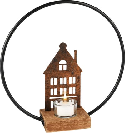 Dekoratief | Theelichthouder boog m/huis, metaal/glas, 28x9x29cm | A235395
