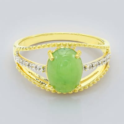 Cavill - Geel Vergulde 925 Zilveren Ring - 1,2 ct Keizerlijk Chrysopraas Ovaal - 0,055 ct Witte Topazen Pavé - Maat 17