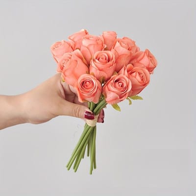 12 pièces Bouquet de Roses en tissu élégant - Fleurs artificielles réalistes pour Mariages, Décorations de table romantiques et Décoration d'intérieur - Parfait pour la Saint-Valentin orange