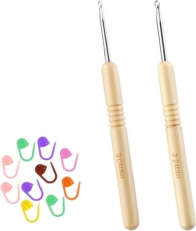 Ergonomische haaknaald set met houten handvat, 2 stuks 3mm-3.5mm voor beginners - ideale haaknaalden met steekmarkeringen voor creatief breien en haken